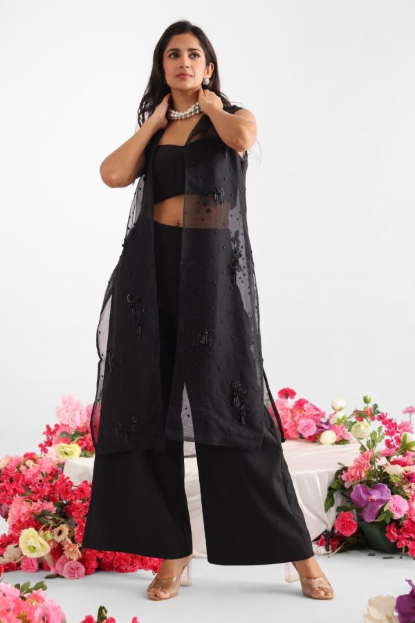 Long black organza embroidered jacket with intricate black beadwork paired with black inner and pants – Golden Muslin