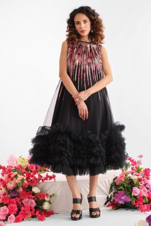 Black butterfly net sequin dress with layered textured sequin embroidery and flared silhouette – Golden Muslin