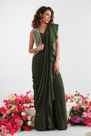 Chanderi jacket with pearl embroidery in curvy line patterns paired with ruffle drape saree – Golden Muslin