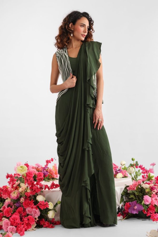 Chanderi jacket with pearl embroidery in curvy line patterns paired with ruffle drape saree – Golden Muslin