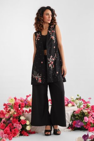 Black embroidered long coat co-ord set with crop top, flared pants, and nature-inspired climber and vine embroidery – Golden Muslin