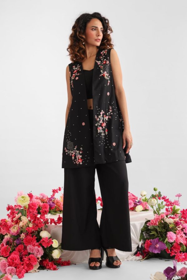 Black embroidered long coat co-ord set with crop top, flared pants, and nature-inspired climber and vine embroidery – Golden Muslin