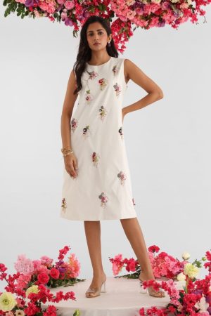White poly-viscose shift dress with floral embroidery and tassel detailing – Golden Muslin