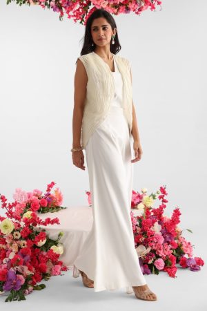 White organza pearl-embroidered sleeveless jacket set with V-neck crop top and flared pants – Golden Muslin