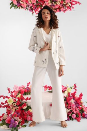 White crepe embroidered jacket co-ord set with crop top and flared pants – Golden Muslin