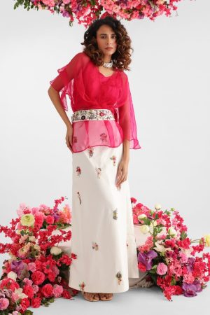 Pink and white embroidered skirt set with stark pink top, organza sleeves, 3D floral pencil skirt, and floral belt – Golden Muslin