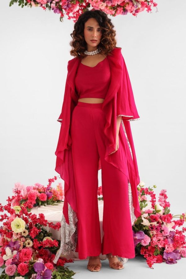 Pink satin and net ruffle long jacket set with coordinated inner top and flared bottoms – Golden Muslin