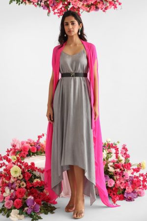 Grey flowy dress with blush pink chiffon cape, styled with optional signature Golden Muslin belt – Golden Muslin