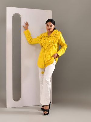 Yellow blended cotton shirt with self-colored floral work and detachable ornamented collar – Golden Muslin