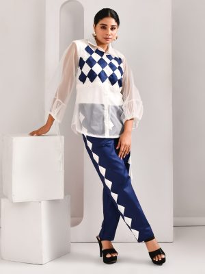White and navy blue blended cotton and organza co-ord set with geometric patchworked sheer shirt and matching pants – Golden Muslin