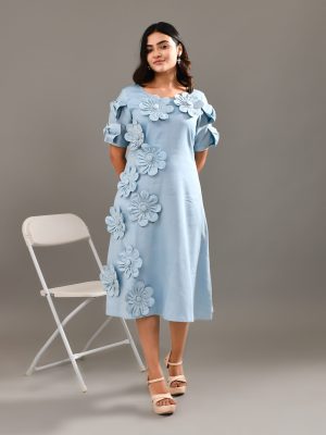 Sky blue blended cotton dress with handcrafted floral patchwork and vibrant detailing – Golden Muslin