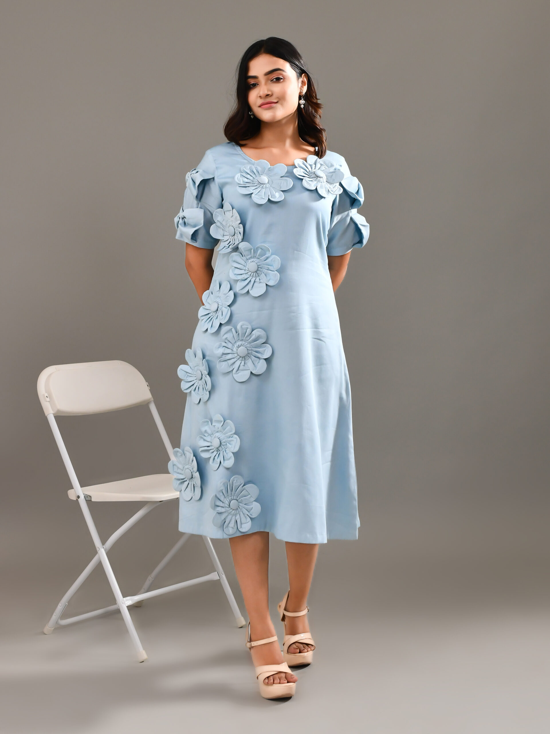 Sky blue blended cotton dress with handcrafted floral patchwork and vibrant detailing – Golden Muslin