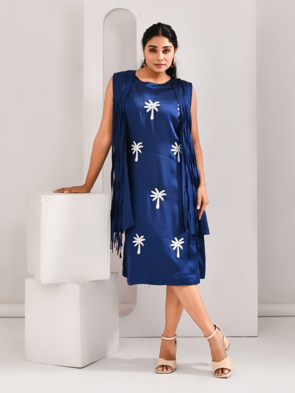 Royal blue blended cotton and organza jacket-style dress with embroidered tree motifs and fringed overlay – Golden Muslin