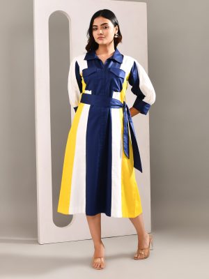 Multicolored color-blocked dress with classic silhouette, belt tie-up, and yoke pockets – Golden Muslin