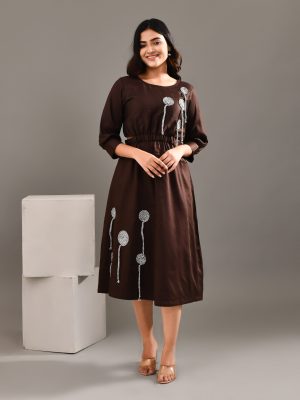 “Golden Muslin dark chocolate brown blended cotton dress with side cut-outs, elasticated gathered yoke, and monochrome cord patchwork detailing.”