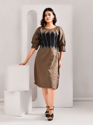 “Golden Muslin khaki brown blended cotton relaxed-fit dress with belted corset-style patchwork, gathered sleeves, and contrast yoke detailing.”