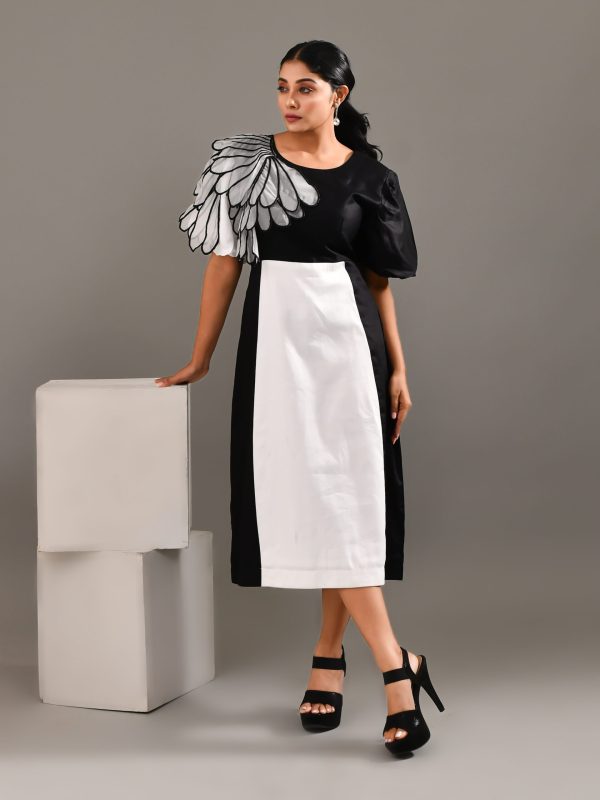 “Golden Muslin black and white cotton dress with exaggerated sculpted embroidered wing-inspired sleeves.”