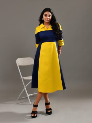 Yellow and dark blue blended cotton color-blocked dress with summer-friendly breathable fabric – Golden Muslin