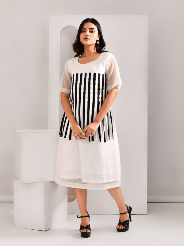 White blended cotton and organza dress with layered black striped checker pattern and sheer organza overlay – Golden Muslin
