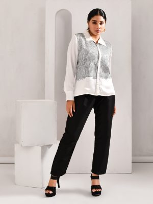 White satin shirt with Bengal-inspired Kantha embroidery and lustrous finish – Golden Muslin
