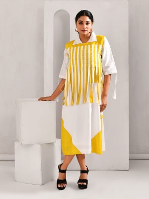 White and lime yellow blended cotton bib-style dress with tassels and casual chic detailing – Golden Muslin