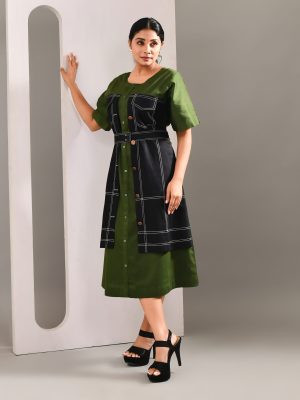 “Golden Muslin olive green blended cotton dress with denim-pattern detailing and front buttons.”