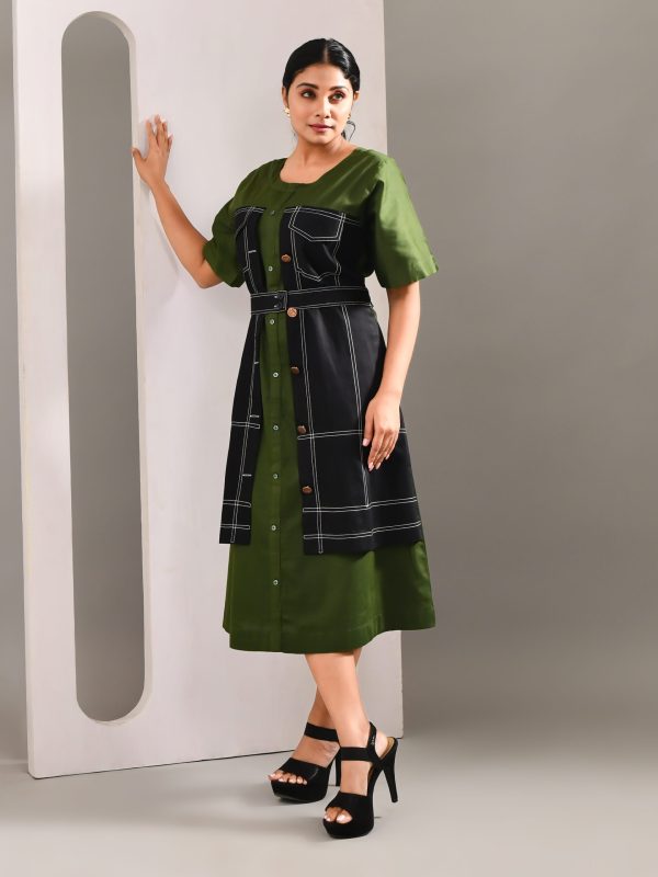 “Golden Muslin olive green blended cotton dress with denim-pattern detailing and front buttons.”