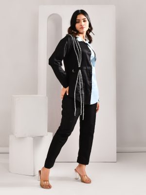 “Golden Muslin black and sky-blue blended cotton shirt with contrasting thread surface detailing.”