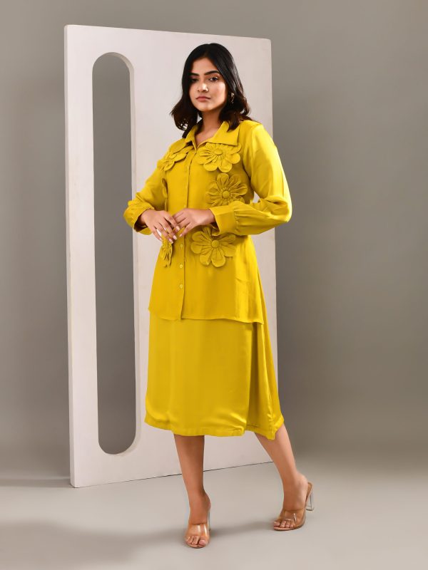 Sunflower-style bright silk shirt dress with flowy silhouette and creative floral patchwork detailing – Golden Muslin