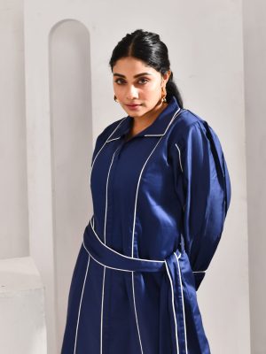 Navy blue blended cotton dress with piped detailing, waist belt, and striped accents – Golden Muslin