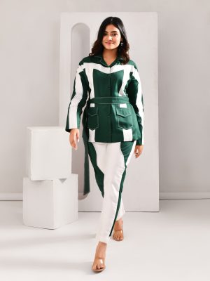 “Golden Muslin hunter green and white blended cotton co-ord set with color-block wave patchwork and waist tie belt.”