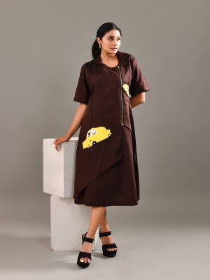 Wine brown double-layered modal satin dress with mock asymmetrical jacket, front zip, and quirky car embroidery – Golden Muslin