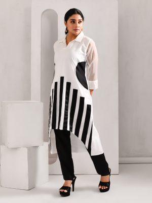 White and black patchworked blended cotton and organza collared top with relaxed fit paired with elastic-waist pants – Golden Muslin