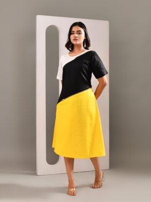 Multicolored blended cotton dress with statement color blocking and quirky zipper detailing – Golden Muslin