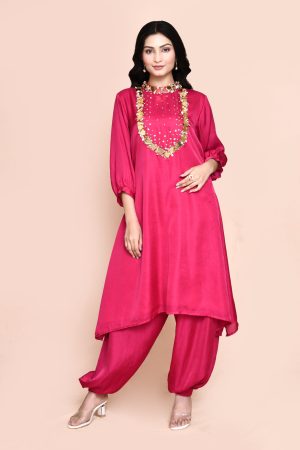 Golden Muslin grey silk blend shift dress with cape sleeves, chunky hand embellishments, and delicate fringes