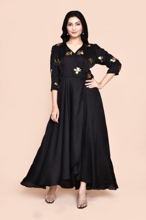 Golden Muslin black flowy overlap dress with V-neckline, golden side buckle, and chunky hand embellishments