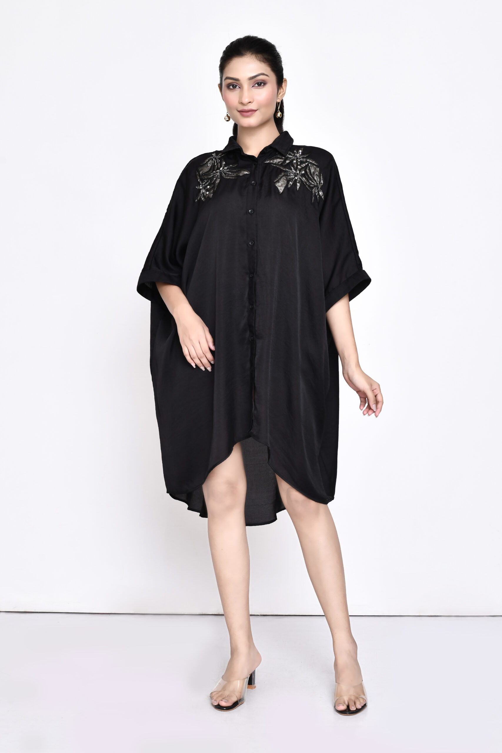 Golden Muslin black silk anti-fit shirt with flower hand embellishments and kimono sleeves