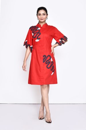 Golden Muslin red cotton dress with denim and pearl embellishments and contemporary elegant design
