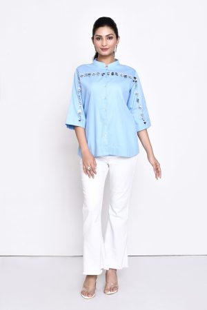 Golden Muslin Jaanvi Mohta sky blue cotton embellished shirt with elegant three-quarter sleeves
