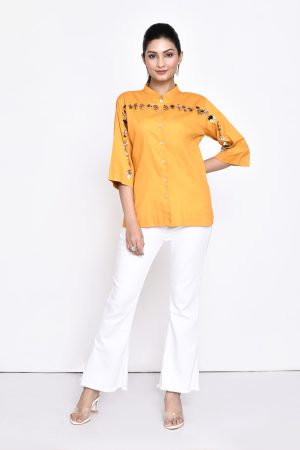 Golden Muslin Jaanvi Mohta sunflower yellow cotton embellished shirt with three-quarter sleeves