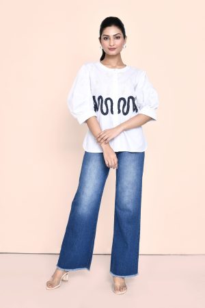 Golden Muslin white poplin shirt with denim and pearl embellishments and stylish sleeves