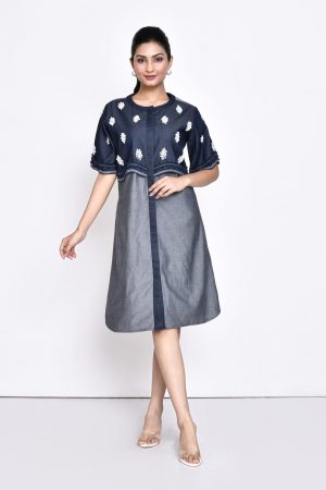 Golden Muslin Jaanvi Mohta two-tone denim dress with denim and pearl embellishments