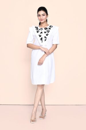 Golden Muslin white poplin shirt dress with chunky embellished V-shaped yoke and frill detailing