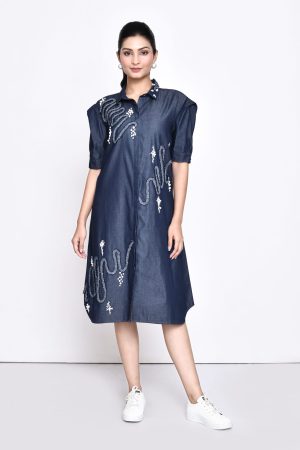 Golden Muslin navy denim dress with stylish sleeves and denim-and-pearl embellishments