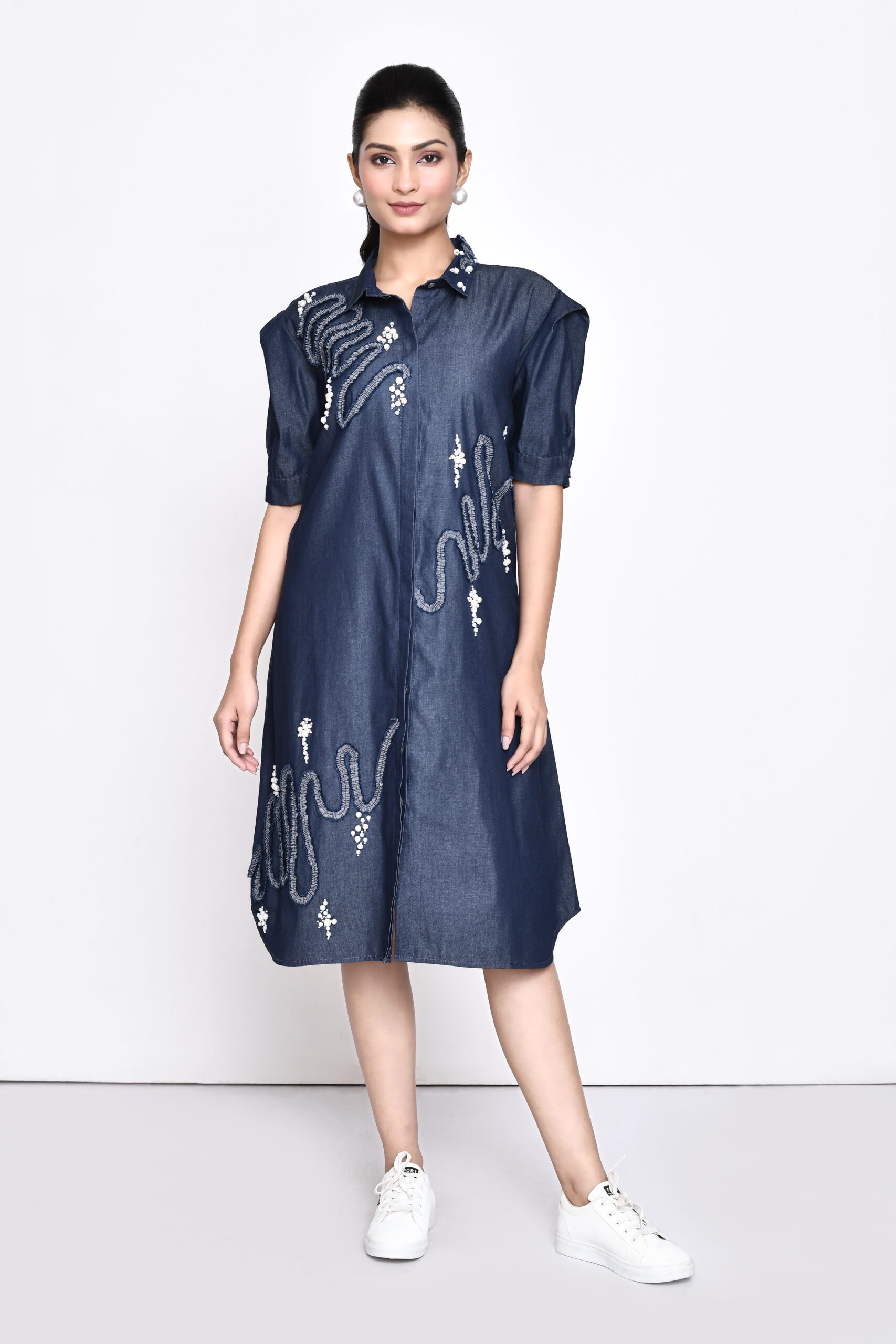Golden Muslin navy denim dress with stylish sleeves and denim-and-pearl embellishments