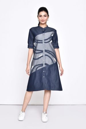 Golden Muslin classic denim dress with diagonal detailing and denim-and-pearl embellishments