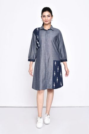 Golden Muslin two-toned panelled denim shirt dress with pearl embellishments and flattering modern design