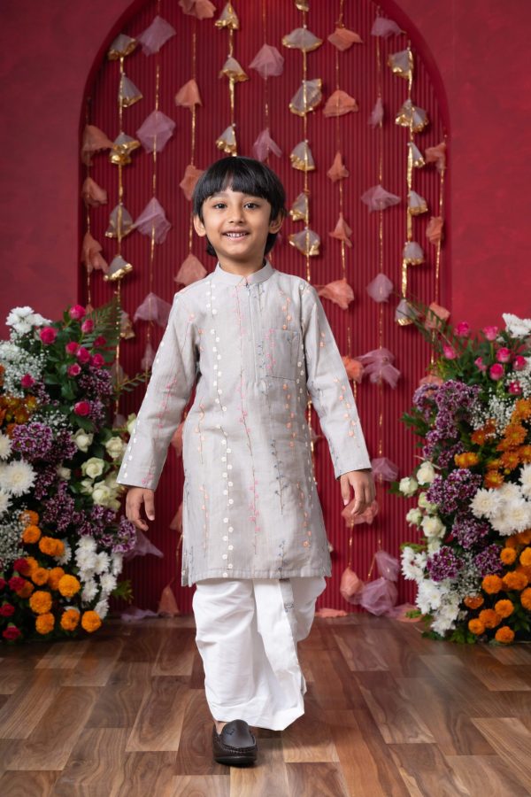 Light grey chanderi silk kurta with multicolored floral embroidery paired with white cotton silk dhoti pants – Golden Muslin
