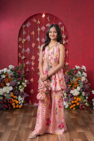 Pastel embroidered lehenga set with paisley–floral motifs, full-sleeved embroidered blouse, and white dupatta with pink border and pearl lace – Golden Muslin