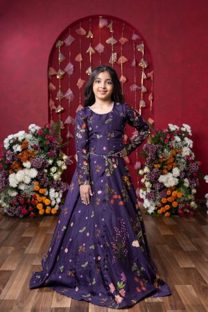 Purple floral-printed peplum top with pearl-embellished neckline and matching flared lehenga – Golden Muslin